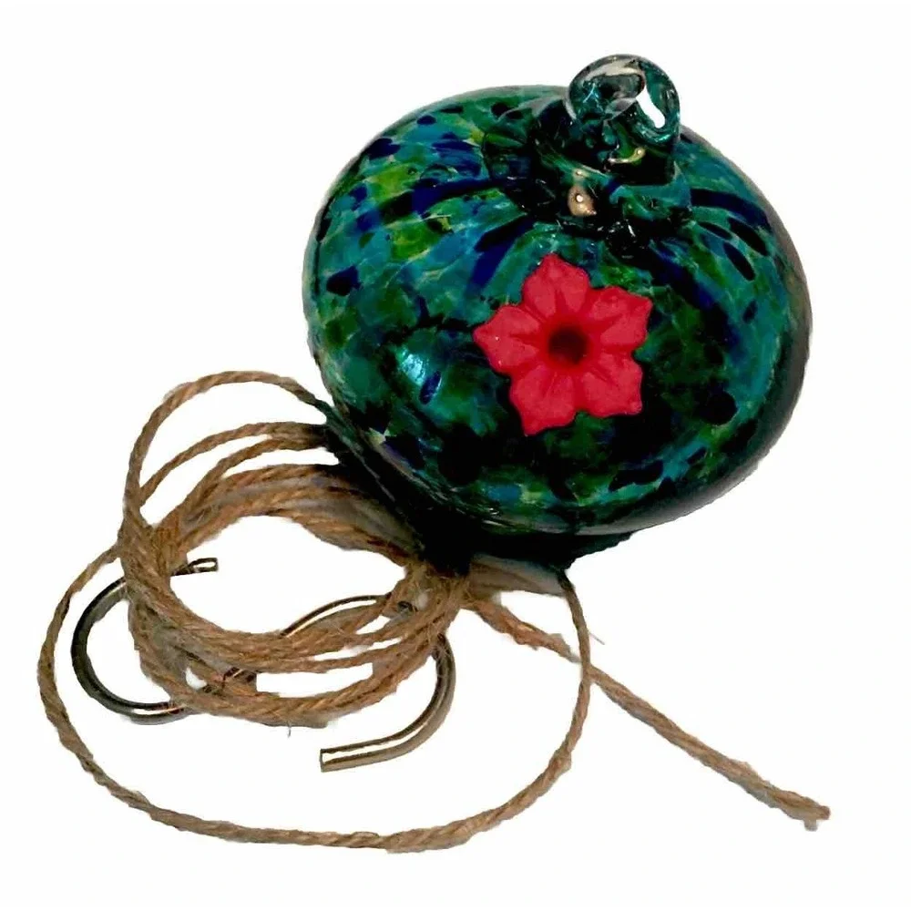 Blue and Green Speckled Hand‎ Blown Art Glass Hummingbird Nectar Feeder & Hanger